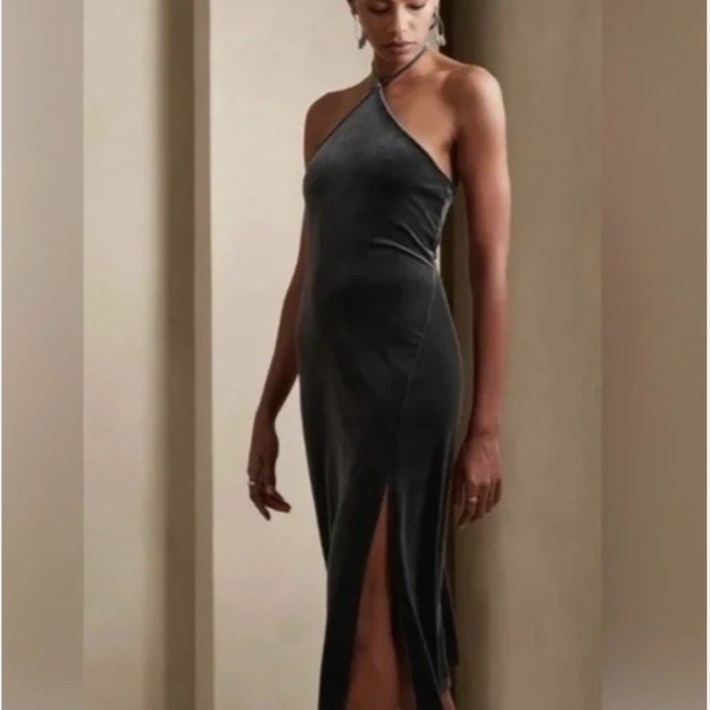 Banana Republic Velvet Midi Halter Dress in Orca Gray Blue w/ Side Slit L NWOT